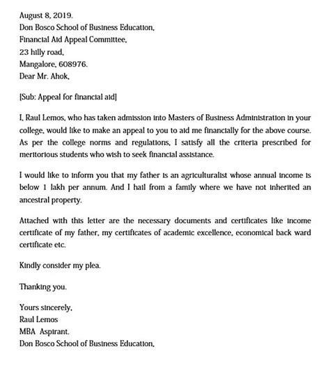 financial aid appeal letter template