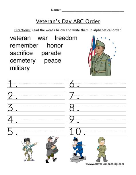 veterans day abc order worksheet  worksheets