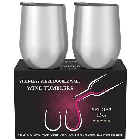 stainless steel stemless wine glass tumbler 2 pack 12 oz double wall