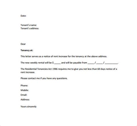 sample rent increase notice templates   ms word