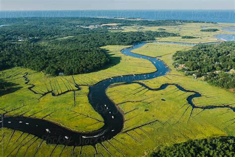 aerial landscape view  winding north river marsh  massachusetts  stocksy contributor