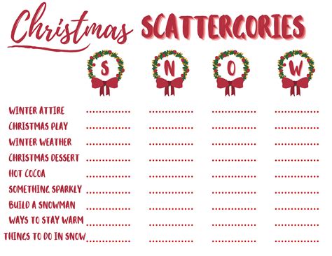 christmas scattergories printable  holiday game night
