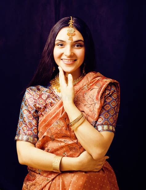 Beauty Sweet Real Indian Girl In Sari Smiling On Black Backgroun Stock