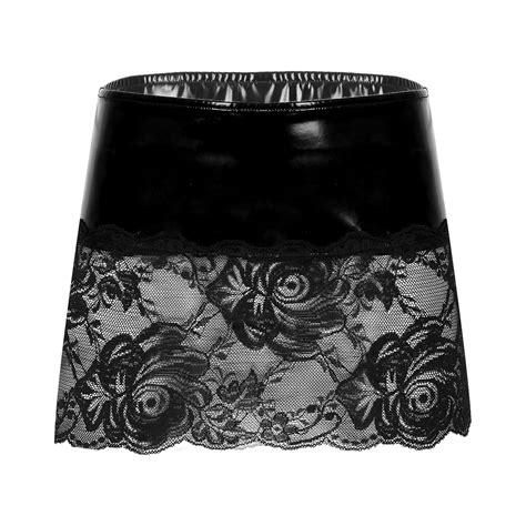 Womens See Through Lace Patchwork Skirts Patent Leather Miniskirt Low