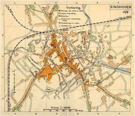 plattegrond van eindhoven waarop  kleur  aangegeven de omvang van de stad   en latere