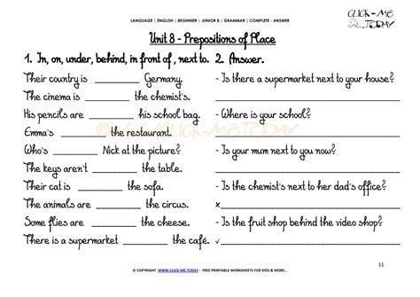 printable grammar worksheet   prepositions  place