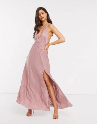 asos design lange geplooide jurk met geknoopte bandjes  roze asos