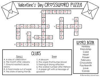 valentines day crossword puzzle  elementary adventures tpt