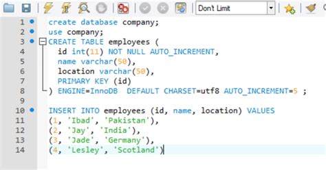 create a mysql table