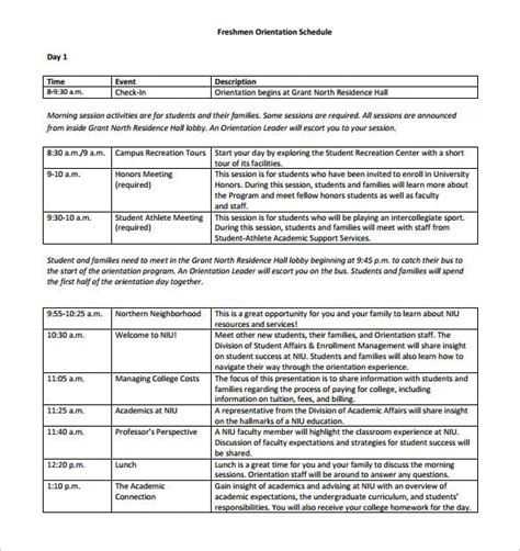 orientation schedule templates samples docs