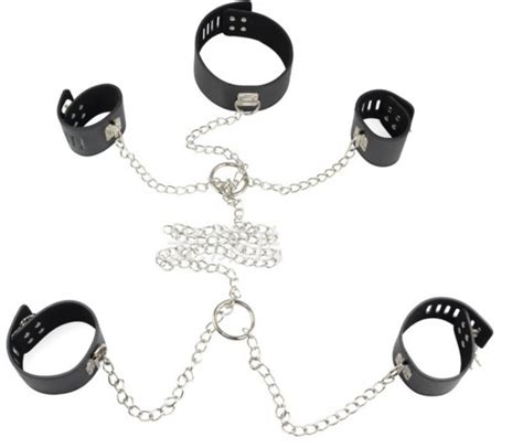 bdsm bondage gear set neck collar with chained wrist cuffs ankle cuff