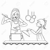 Mother Kitchen Cooking Drawing Cartoon Daughter Food Getdrawings sketch template
