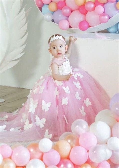birthday pink gown  butterflies  baby girl dress  st