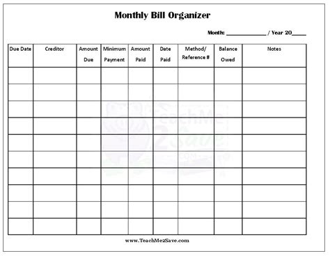 printable monthly bill organizer sheets room surfcom