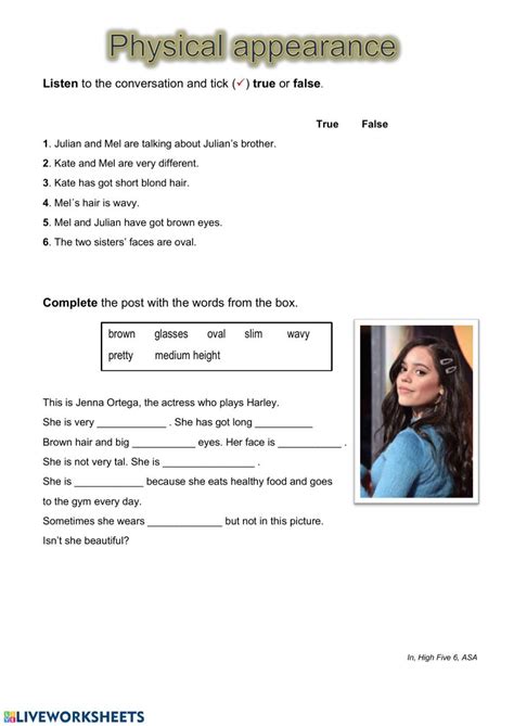 The Worksheet For Physical Appearance Is Shown With An Image Of A Woman