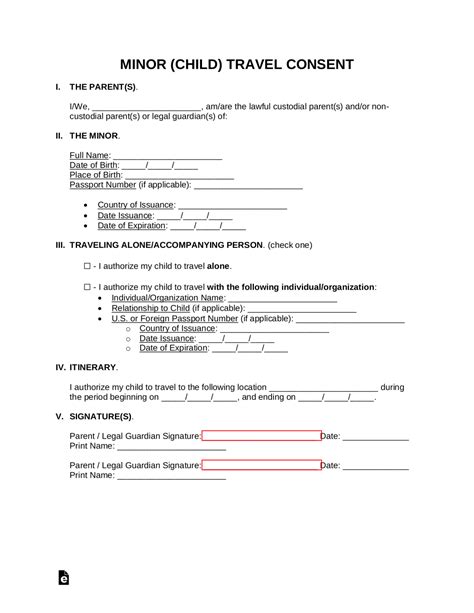 travel consent form  minor  printable printable forms