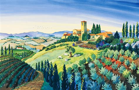 tuscan hilltop town painting  artimino italian countryside watercolor  italy landscape
