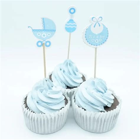 pcs baby shower cupcake toppers picks blue   boy carriage nipple