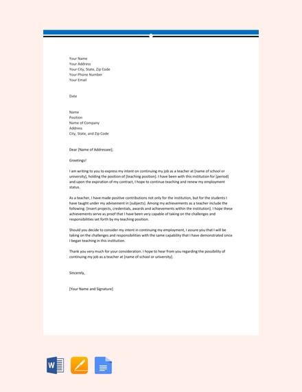 sample letter  intent  continue teaching template word