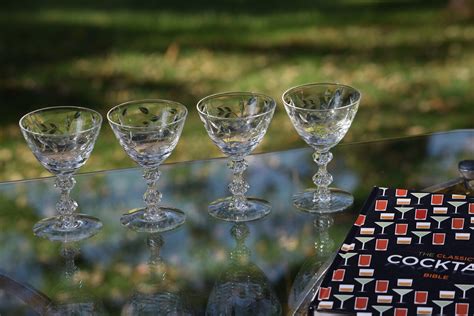 vintage etched crystal wine cordials glasses set of 4 bubble stem