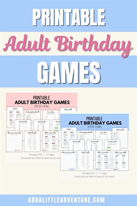 printable birthday games  adults add   adventure