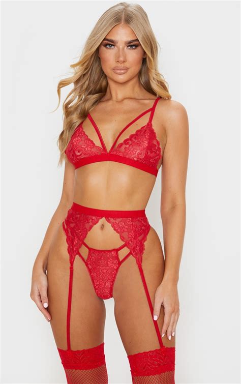 red lace trim 3 piece lingerie set lingerie prettylittlething usa