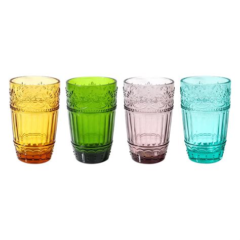 Colored Water Glasses Embossed Design Glass Tumblers Set 12 Oz Of 4