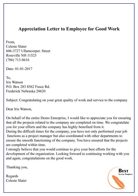 appreciation letter template  employee sample