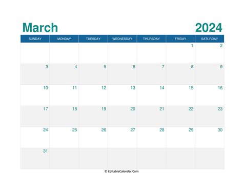 march  editable calendar  holidays