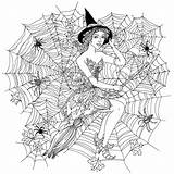 Coloring Witch Halloween Spider Pages Adults Web Adult Beautiful Events Woman Spiders Printable Justcolor Cobwebs Decorations Looking Other Book Visit sketch template