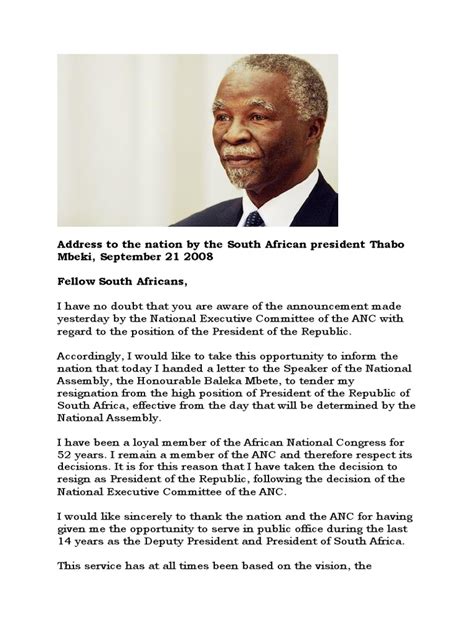thabo mbekis resignation speech  african national congress thabo mbeki