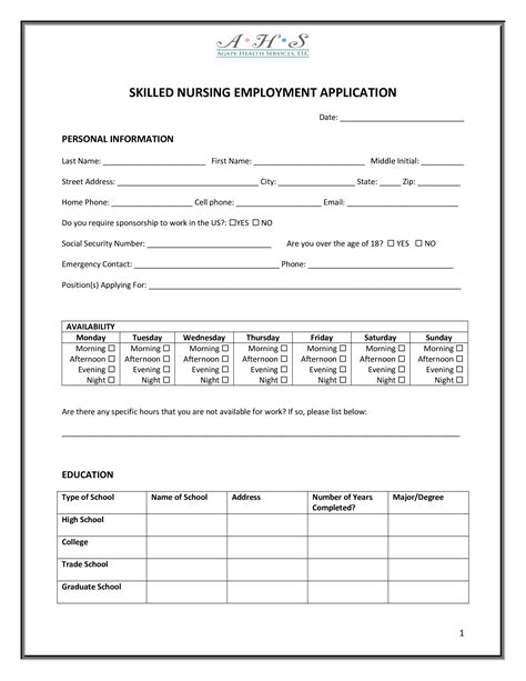 nursing employment application templates  allbusinesstemplatescom