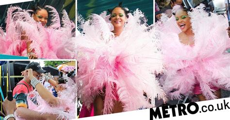 rihanna s amazing 2019 crop over outfit is pink feathered and fabulous