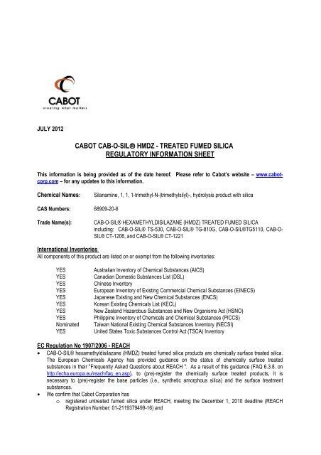 cabot cab  sil hmdz treated fumed silica regulatory information