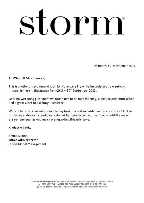 work experience reference letter hugo fry