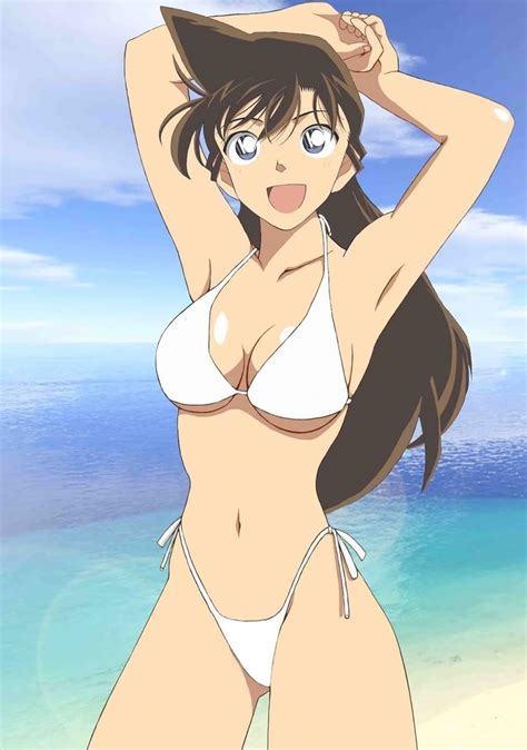 1girl beach bikini blue eyes blush breasts brown hair highres long hair meitantei conan mouri