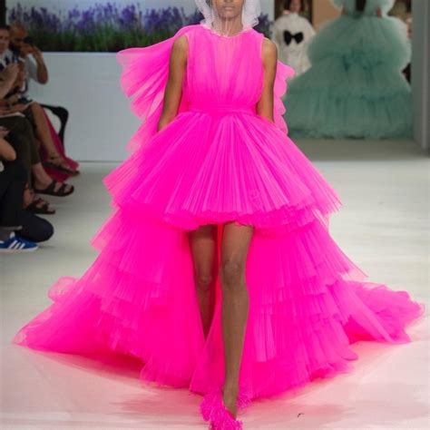 hot pink hi low tiered tulle prom party dresses long train formal dress