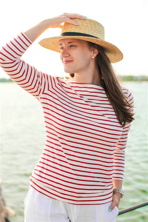 nautical stripes and white linen pants covering the