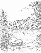 Coloring Pages Mountains Landscape Printable Mountain Nature Drawing Lake Canoe Colouring Adult Scene Adults Kids Jasper Serenity Water Landscapes Book sketch template