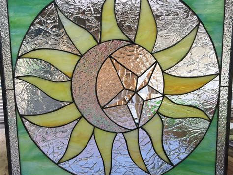Mystical Sun Moon And Beveled Star Leaded Stained Glass Window Panel