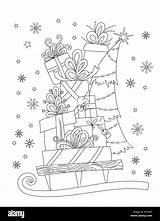Erwachsene Slitta Weihnachten Regali Snowflakes Sleigh Pile Fir Drawn Adults Alamy Stapel Malbuch Pagine Rappresentazione Toccante Sacra Famiglia sketch template