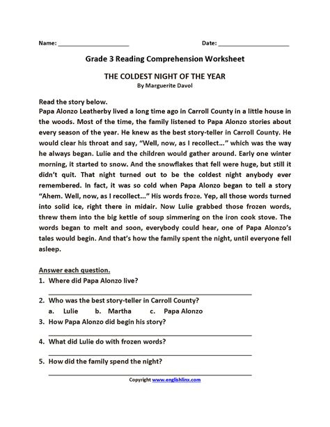 printable reading comprehension worksheets   grade stock worksheet  kids
