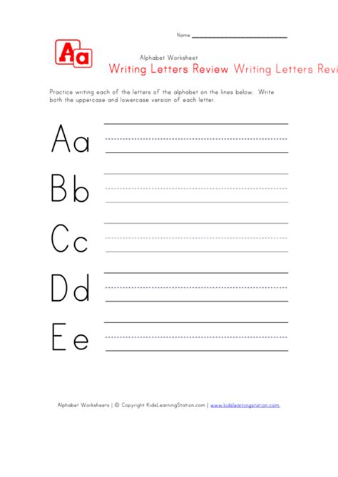alphabet worksheet for kids writing letters a b c d and e review