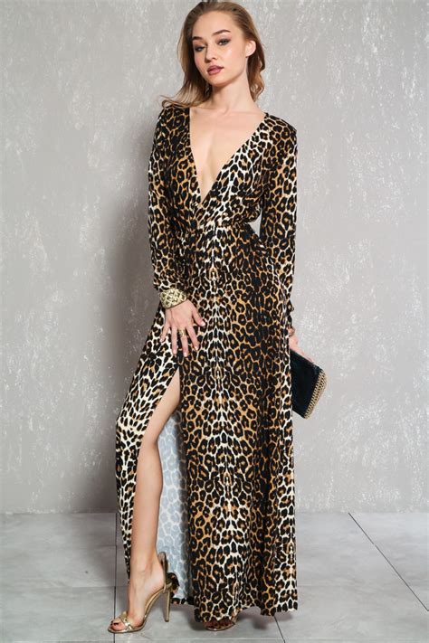Sexy Leopard Print Long Sleeves Formal Party Maxi Dress