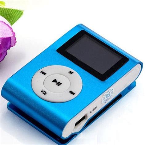 bolcom mini clip mp speler fm radio met display blauw en  ear koptelefoon