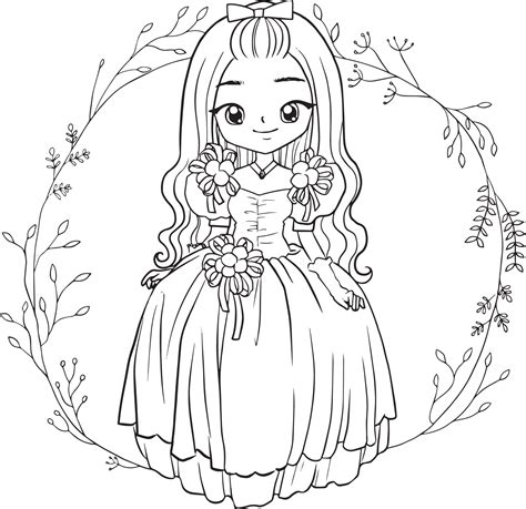 coloring page princess kawaii style cute anime cartoon drawing