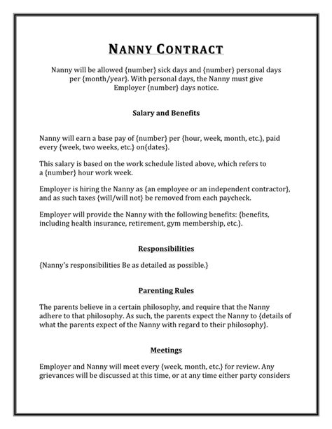 nanny contract sample  word   formats