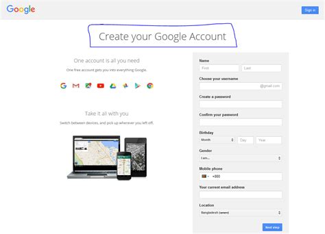 create  gmail account  code exercise