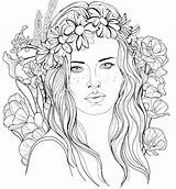 Pages Coloring Adult Girls Colouring People Girl Hair Printable Flower Book Cute Books Shutterstock Wreath sketch template