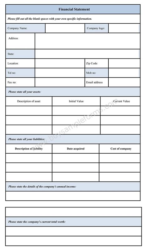 blank personal financial statement form sample forms